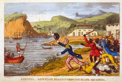 ジョン・ミットフォード（1782-1831）による「海軍のジョニー・ニューカムの冒険」のプレート、「ブラック・スクアドロンから走るニューカム」（アクアチント色） 作： Charles Williams